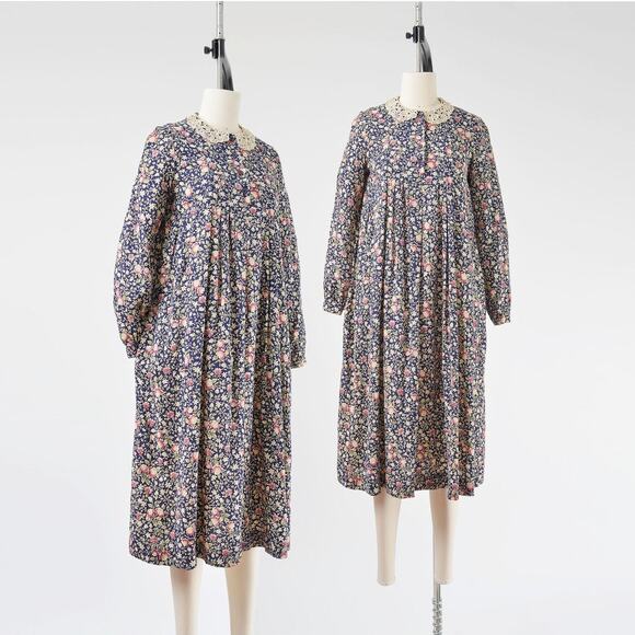Vintage Dresses & Skirts - Vintage 70s Floral Babydoll Peter Pan Lace Collared Midi Dress with Pockets S